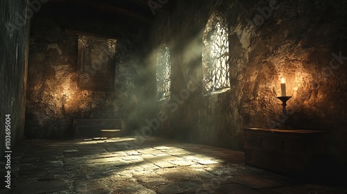 A serene, ancient stone room with sunlight streaming through arched, decorative windows, casting light on the rustic walls and cobblestone floor, creating a nostalgic, timeless atmosphere.