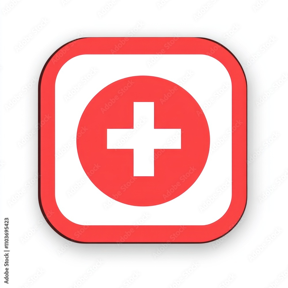 Red square button with white circle and plus symbol, medical icon. Red square button with white circle and plus symbol, medical icon.