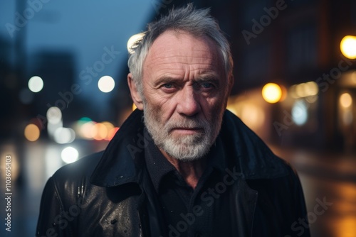 Portrait of a senior man in the city at night. Looking at camera.