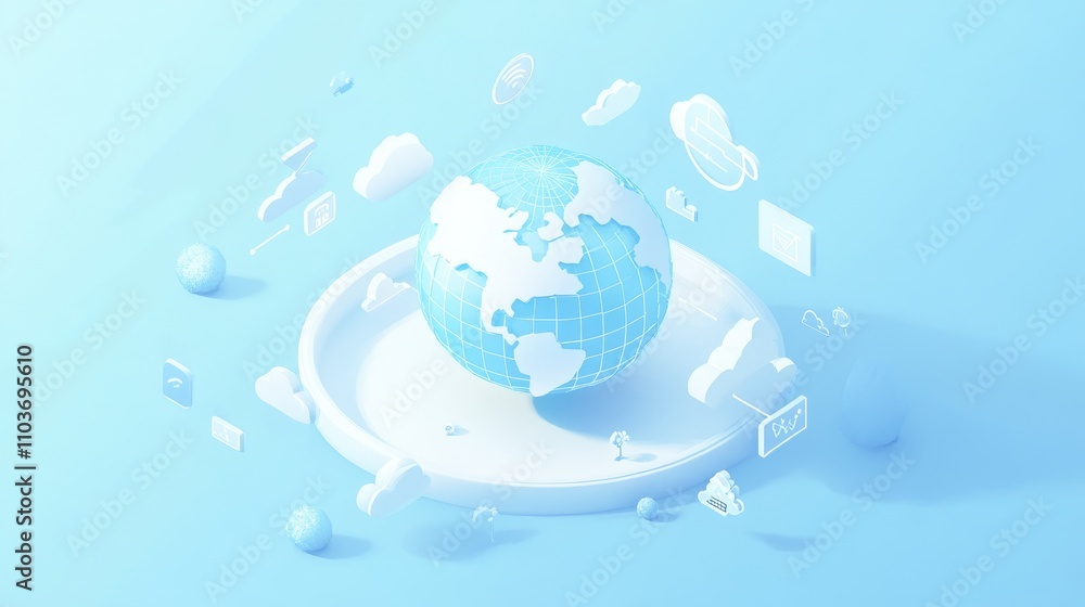 Naklejka premium An isometric 3D illustration of a networked globe, surrounded by floating icons representing global connectivity; clean vector style, light blue tone