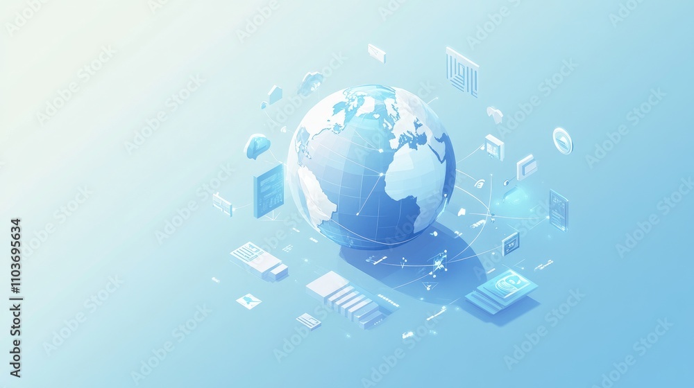 An isometric 3D illustration of a networked globe, surrounded by floating icons representing global connectivity; clean vector style, light blue tone An isometric 3D illustration of a networked globe, surrounded by floating icons representing global connectivity; clean vector style, light blue tone
