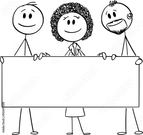 Smiling multiracial diverse team holding empty sign , vector cartoon stick figure or character illustration.
