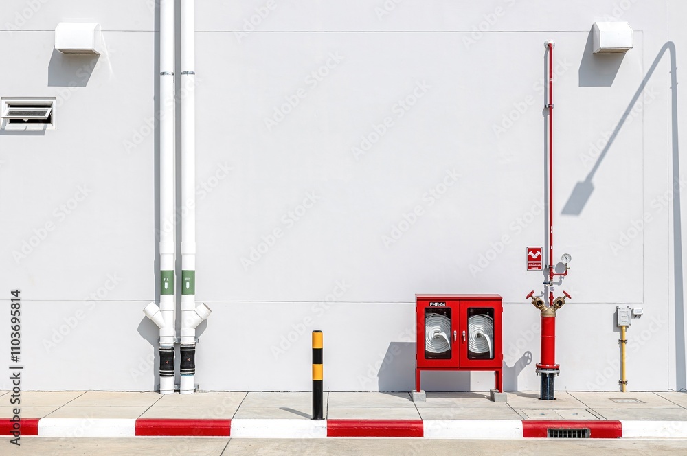 The image depicts an outdoor fire safety setup against a white building ...