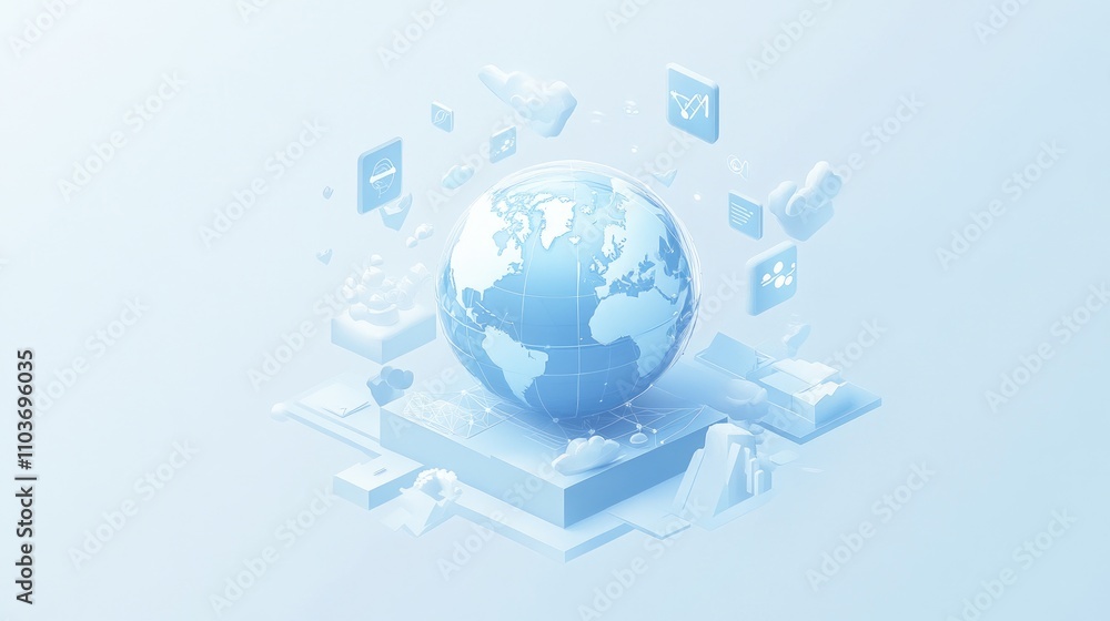 An isometric 3D illustration of a networked globe, surrounded by floating icons representing global connectivity; clean vector style, light blue tone An isometric 3D illustration of a networked globe, surrounded by floating icons representing global connectivity; clean vector style, light blue tone