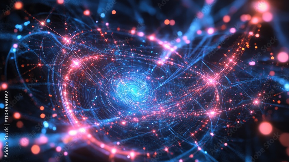 Quantum Field Visualization Featuring Vibrant Blue and Pink Light Trails Interconnected with Particles and Swirling Patterns Quantum Field Visualization Featuring Vibrant Blue and Pink Light Trails Interconnected with Particles and Swirling Patterns