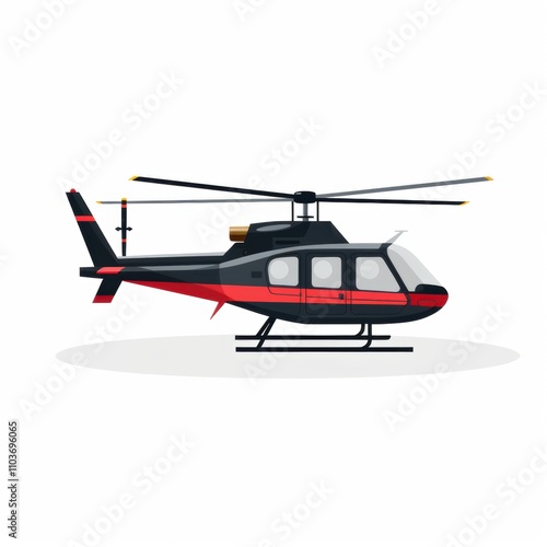 Detailed Illustration of a Black and Red Helicopter with Rotors Spinning, Suitable for Aviation Themes, Transport Concepts, and Emergency Services Graphics