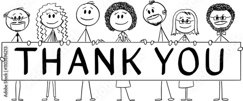 Smiling multiracial diverse team holding thank you sign , vector cartoon stick figure or character illustration.