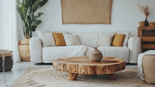 Boho, minimalist interior design of modern living room with earthy tones, featuring a neutral sofa and a rustic wooden live edge coffee table. Minimalist decor creating serene atmosphere.