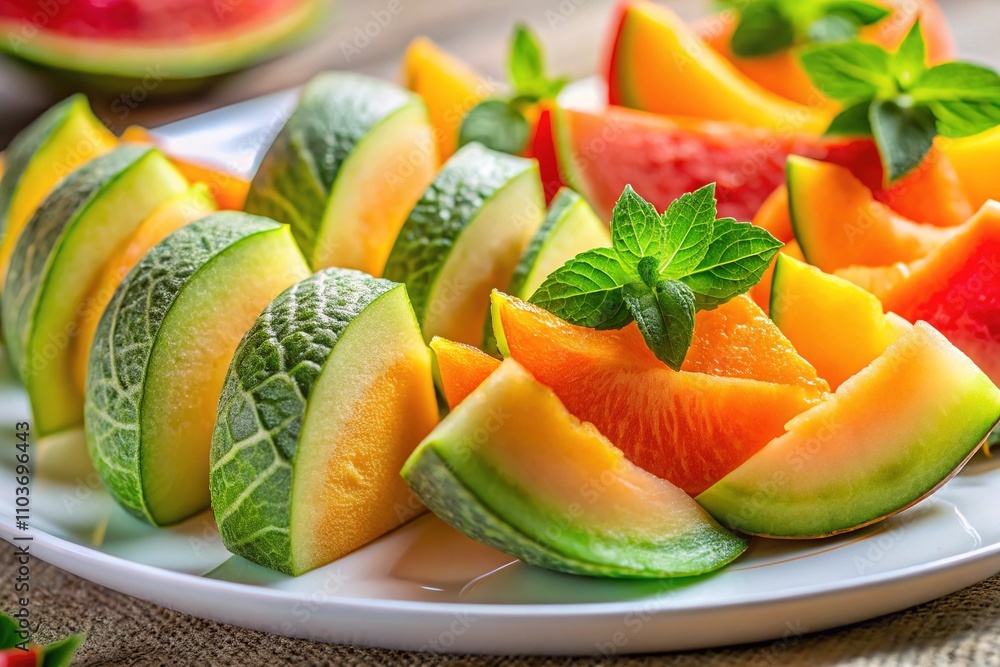 Fresh Melon Slices, Close-Up, Gourmet, Healthy, Fresh Melon Slices, Close-Up, Gourmet, Healthy,