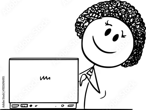 Black woman or African ethnicity businesswoman working on computer, vector cartoon stick figure or character illustration.