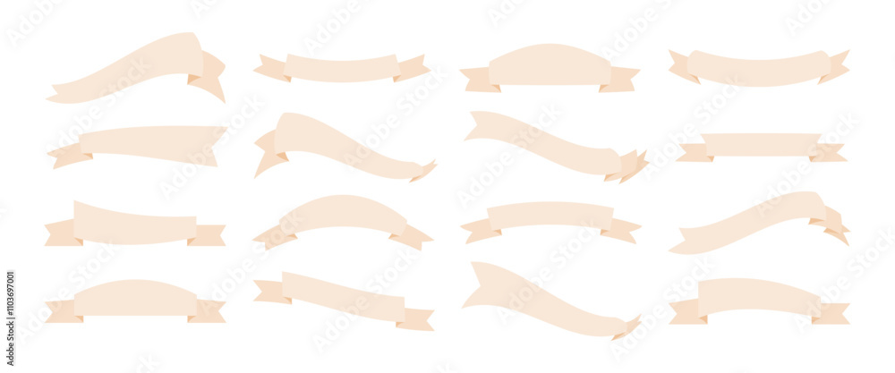Set of beige ribbon banners in various shapes and styles on a white background. Flat vector illustration for design and decoration purposes. Set of beige ribbon banners in various shapes and styles on a white background. Flat vector illustration for design and decoration purposes.