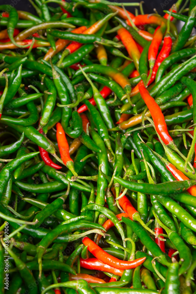 Fresh red and green peppers on the market Fresh red and green peppers on the market