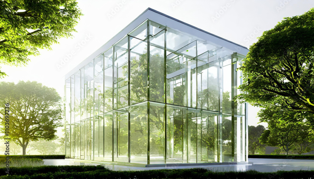 Glass building with trees on white background. Real estate, property business. Green economy concept Glass building with trees on white background. Real estate, property business. Green economy concept
