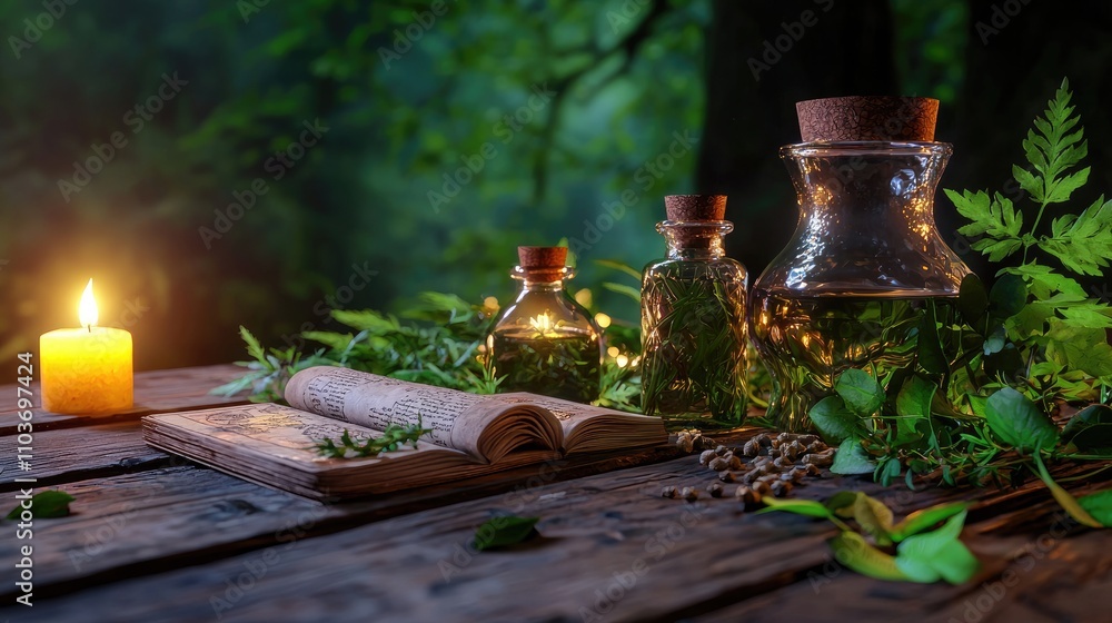 Fototapeta premium A serene setting featuring glass bottles, a candle, and greenery on a rustic wooden table, evoking a mystical, natural atmosphere.