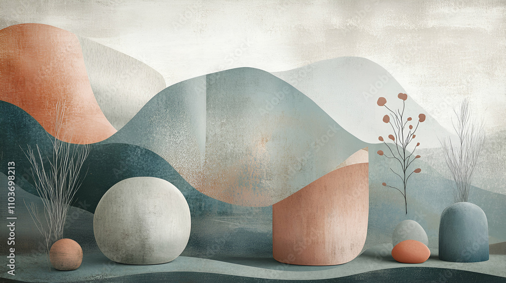 custom made wallpaper toronto digitalAbstract Landscape with Geometric Forms and Minimalist Plants
