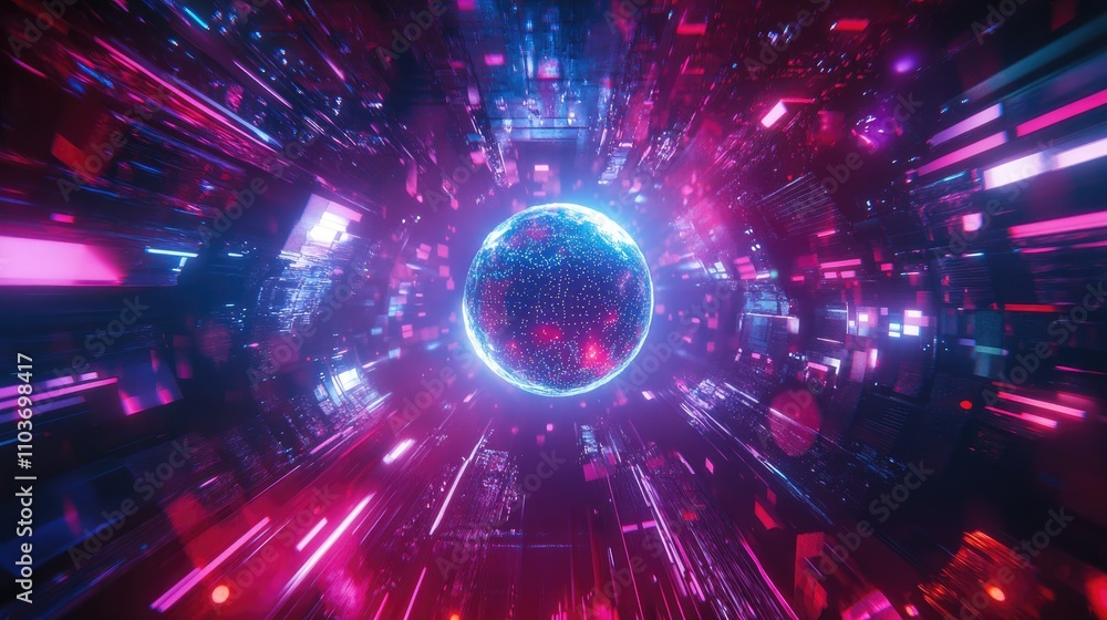 Obraz premium An illuminated digital Earth spinning in a virtual interface, surrounded by data streams and light particles; VR-inspired style, vibrant colors, futuristic