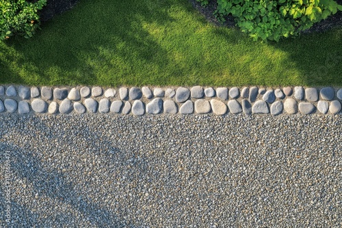 Overhead perspective of a gravel road with a lawn median photo