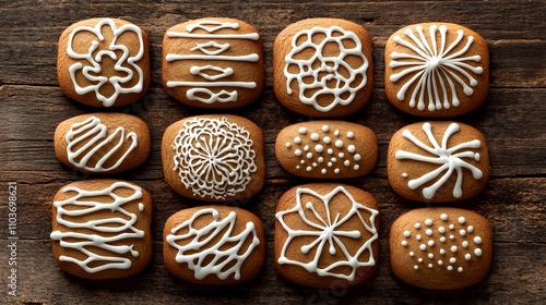A collection of decorated cookies with intricate icing designs on a wooden surface.