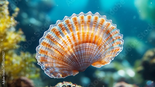 A vibrant orange-pink seashell floats freely in a rich underwater scene, surrounded by marine life, capturing the beauty and wonder of the ocean's depths. photo