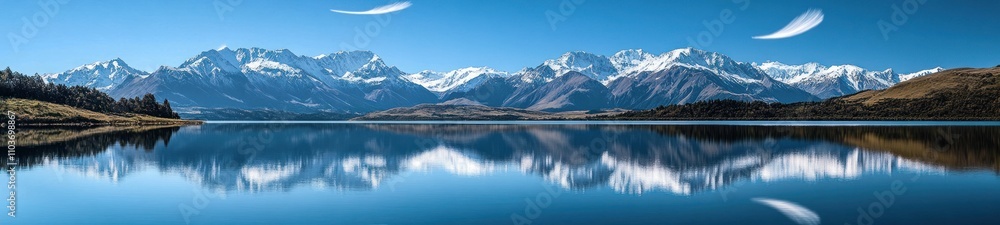 Naklejka premium The breathtaking view captures the essence of tranquility with snow-capped mountains rising majestically in the background while their pristine reflections shimmer in the perfectly still lake below.