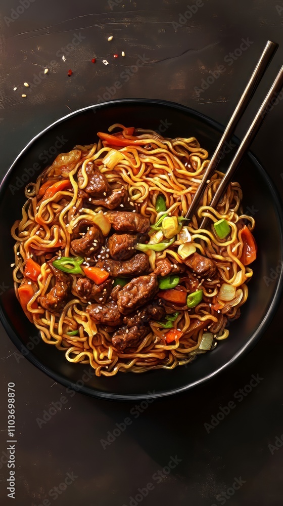 Stir fry noodles with vegetables and beef in black bowl. slate background. top view. chinese food. Ultra realistic. Photorealistic hypermaximalist advertising photography hyper realistic fine detail Stir fry noodles with vegetables and beef in black bowl. slate background. top view. chinese food. Ultra realistic. Photorealistic hypermaximalist advertising photography hyper realistic fine detail
