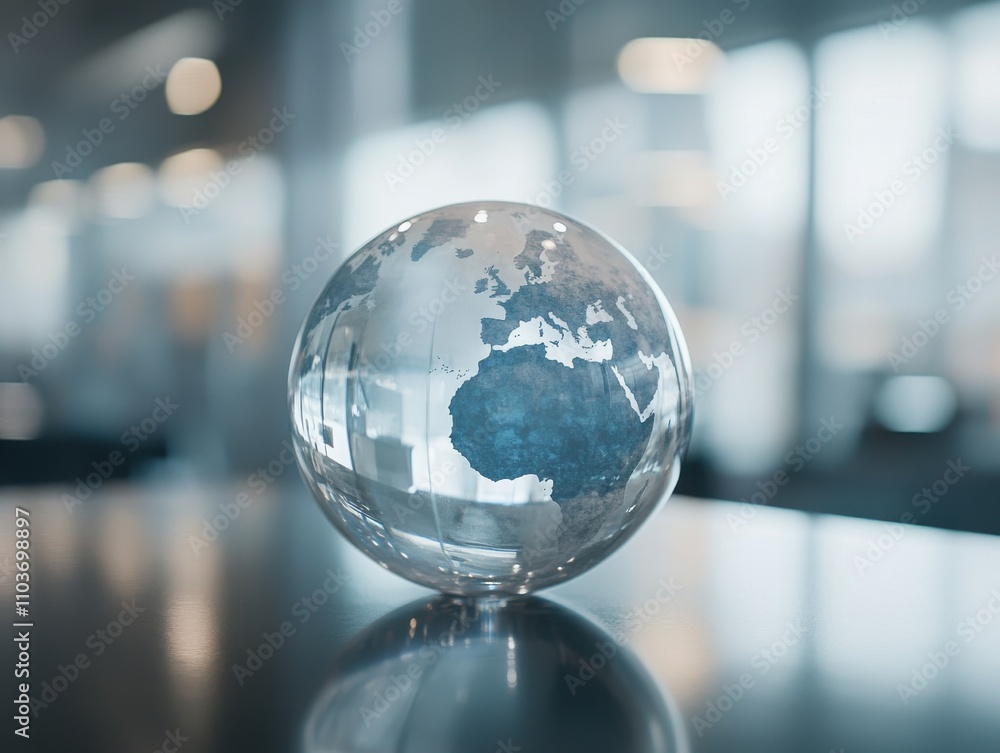 Modern Glass Globe on a Reflective Surface with a Blurred Office Background, Symbolizing Global Business and Networking Opportunities in Today's Economy Modern Glass Globe on a Reflective Surface with a Blurred Office Background, Symbolizing Global Business and Networking Opportunities in Today's Economy
