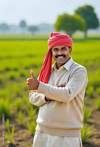 'Agriculture Happy young Indian farmer standing in farm, cotton tree farming 'Agriculture  happy poor farmer , young and smart farmer