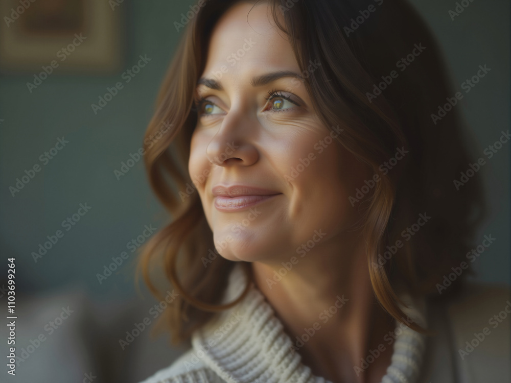 Smiling woman wearing sweater looking away from camera Smiling woman wearing sweater looking away from camera