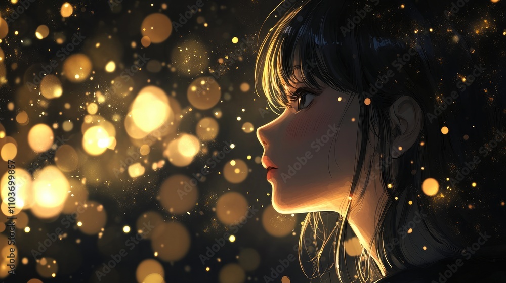 Golden bokeh light flares illuminate a profile of a girl with long hair, creating a magical and festive atmosphere perfect for holiday themes and celebrations. Golden bokeh light flares illuminate a profile of a girl with long hair, creating a magical and festive atmosphere perfect for holiday themes and celebrations.