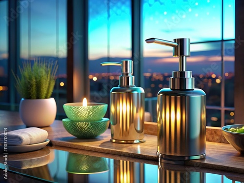 Night Bathroom Set, Soap Dispenser, Brush, Photography, Luxurious photo