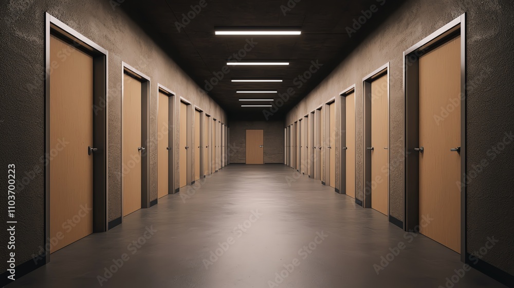 Symmetrical hallway with brown doors on both sides, leading to a distant focal point under sleek lighting. Symmetrical hallway with brown doors on both sides, leading to a distant focal point under sleek lighting.
