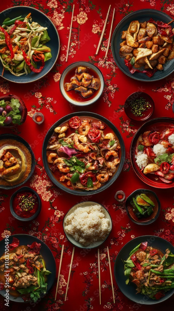 Top view of delicious chinese food meal on red table background for celebration chinese new year. chinese food