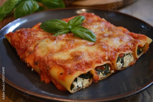 Pasta tubes filled with ricotta and spinach photo