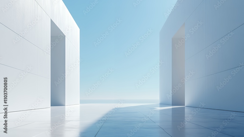 Obraz premium A serene architectural space with white walls and open doorways under a clear blue sky.
