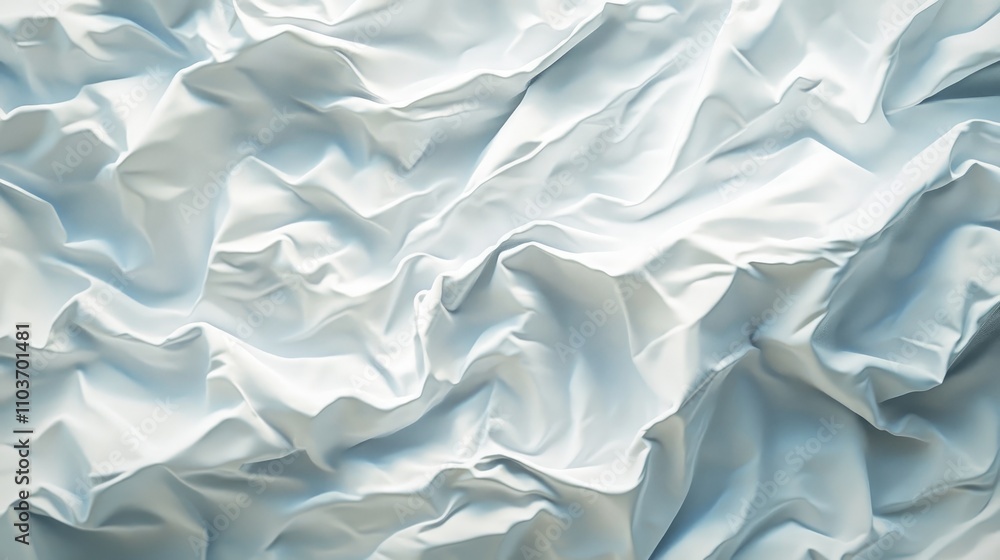Obraz premium Close-up aerial view of textured white paper showcasing intricate wrinkles and folds creating a soft, crumpled appearance.
