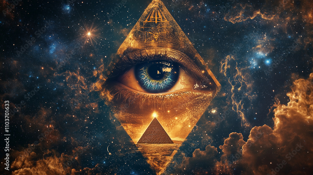 A dramatic collage of Illuminati imagery, including the all-seeing eye, a pyramid, and cryptic numbers layered over a starry sky A dramatic collage of Illuminati imagery, including the all-seeing eye, a pyramid, and cryptic numbers layered over a starry sky