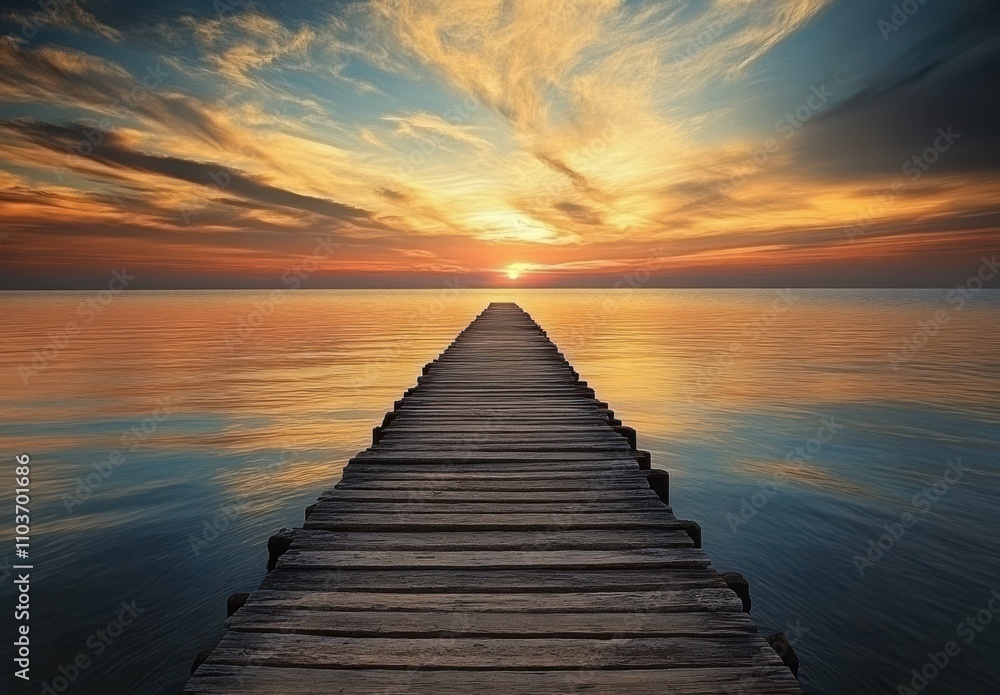 Serene Sunset Over Tranquil Waters with a Wooden Pier Leading into the Horizon, Perfect for Relaxation and Nature Lovers Serene Sunset Over Tranquil Waters with a Wooden Pier Leading into the Horizon, Perfect for Relaxation and Nature Lovers