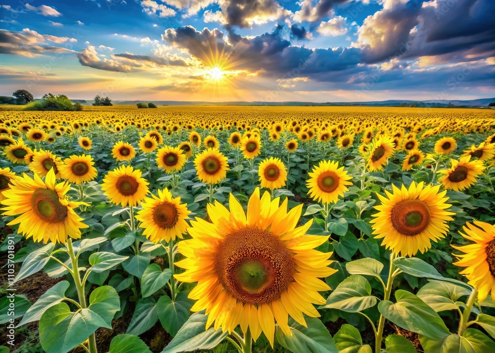 Fototapeta premium Sunflower Field Aerial View - Copy Space for Design