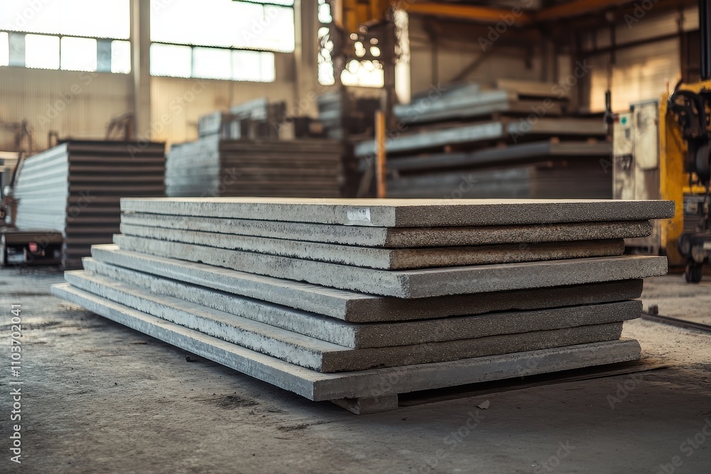 Piled precast concrete panels in a construction facility Piled precast concrete panels in a construction facility