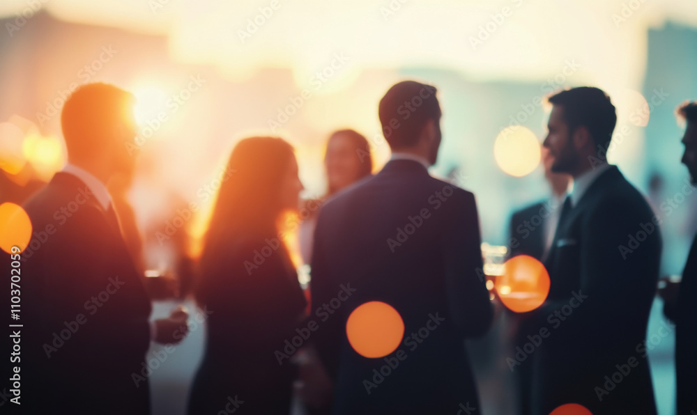 A vibrant networking event with business professionals engaging in conversation, blurred figures creating a sense of motion and activity A vibrant networking event with business professionals engaging in conversation, blurred figures creating a sense of motion and activity