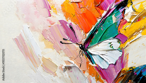 Fototapeta Naklejka Na Ścianę i Meble -  Abstract painting background with vibrant colors and textured brush strokes, featuring an artistic butterfly shape in green on the right side of the canvas