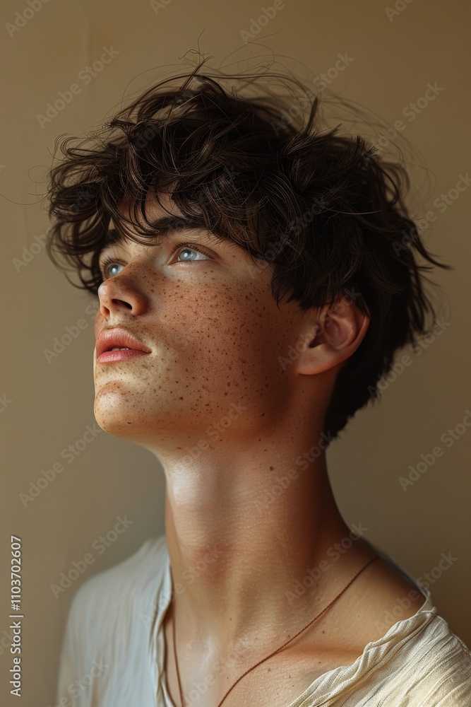Portrait of a Young Man with Freckles and Intense Blue Eyes, Gazing Upward in Thoughtful Contemplation Against Soft Background Lightyouth Portrait of a Young Man with Freckles and Intense Blue Eyes, Gazing Upward in Thoughtful Contemplation Against Soft Background Lightyouth