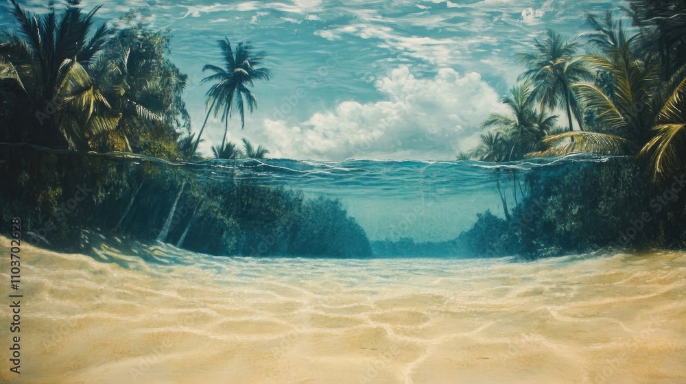 Half underwater perspective showcasing a clear sea and sandy beach bordered by lush palm trees under a blue sky with fluffy clouds. Half underwater perspective showcasing a clear sea and sandy beach bordered by lush palm trees under a blue sky with fluffy clouds.