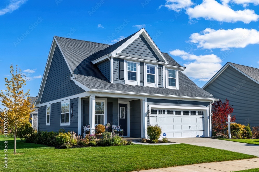 Pitched roof attic of a luxury American home featuring a gable with gray vinyl siding and white gutter system Pitched roof attic of a luxury American home featuring a gable with gray vinyl siding and white gutter system