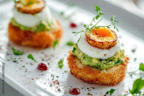 Plate with cream cheese canape guacamole and crispy quail eggs