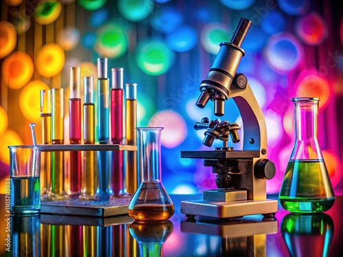 Vintage Microscope & Test Tubes on Colorful Table - AI Photo photo