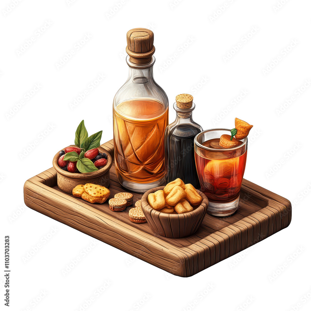 Elegant Mini Bar Setup with Variety of Liquor Bottles Glasses and Snacks on Wooden Tray Elegant Mini Bar Setup with Variety of Liquor Bottles Glasses and Snacks on Wooden Tray