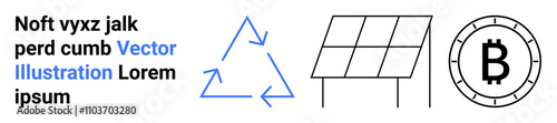 Blue recycling symbol, black solar panel, Bitcoin symbol, and dummy text. Ideal for clean energy, sustainability, blockchain technology, environmental awareness, green technology, eco-friendly