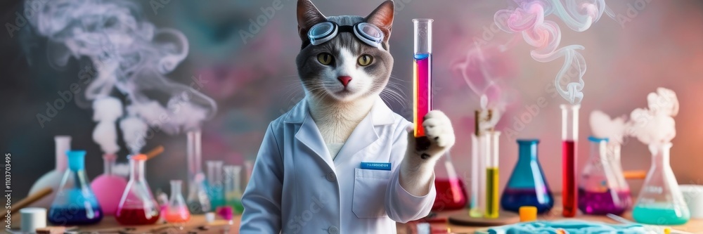 Cat scientist with tubes of chemicals and making experiments in scientific laboratory. animal doctor character in protective glasses and white coat. Banner wid Cat scientist with tubes of chemicals and making experiments in scientific laboratory. animal doctor character in protective glasses and white coat. Banner wid
