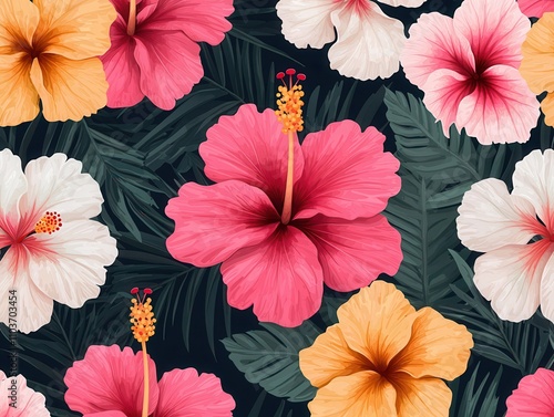 Wallpaper Mural Colorful background with floral concept. Vibrant hibiscus flowers against a dark background. Torontodigital.ca